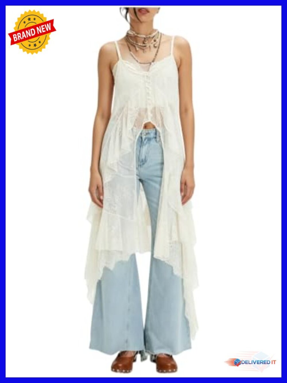 Women Lace Maxi Tank Top Sheer Flowy Boho Sleeveless Camisole Layering
